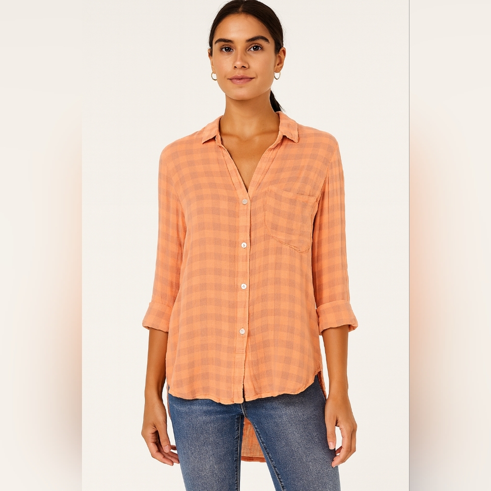 Bella Dahl Orange Plaid Button Up Shirt Oversized Flannel Long Sleeve